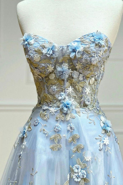 Vintage Light Blue Sweetheart Applique Strapless Design A-Line Evening Dress Prom Dress TP4128