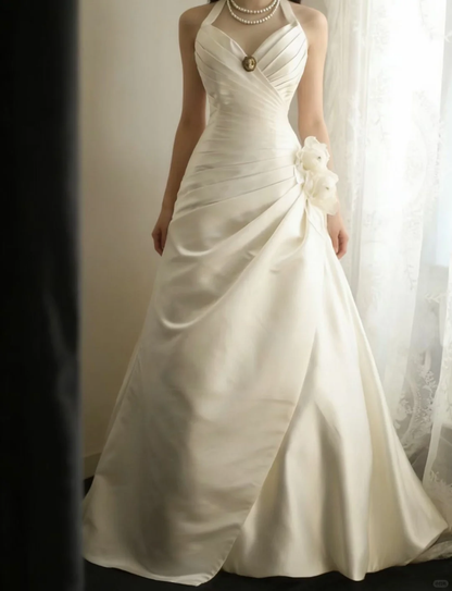 Vintage Ivory Halter-Neck Satin A-Line Draped Wedding Dress TP5630