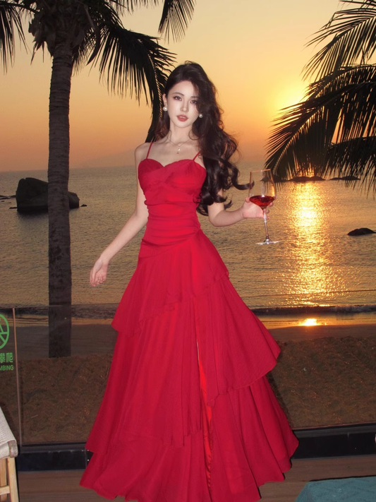Vintage Ruffled Design Wine Red A-Line Women Spaghetti Strap Dress TP3145