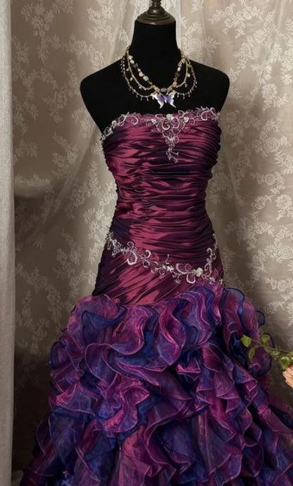 Glamorous Purple Ombre Strapless Ruffled Beaded Sweet 16 Quinceanera Ball Gown TP5569