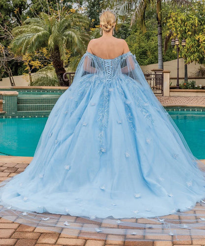 Glamorous Sky Blue Glitter Tulle Off-the-Shoulder Embroidered 3D Butterfly Sweet 15 Quinceanera Ball Gown TP5437
