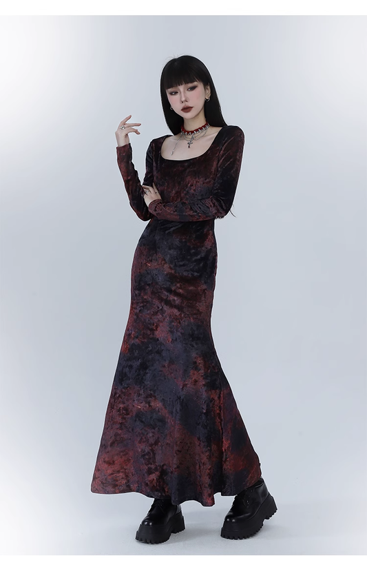 Elegant Design Sense Wine Red Velet Long-sleeved Dress TP2923