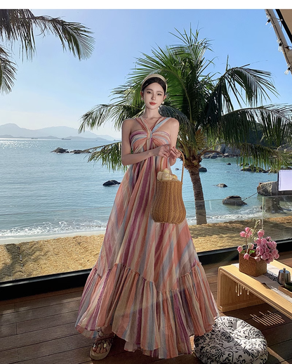 New Rainbow Stripe Design Beach Holiday Casual Halter Dress TP3012