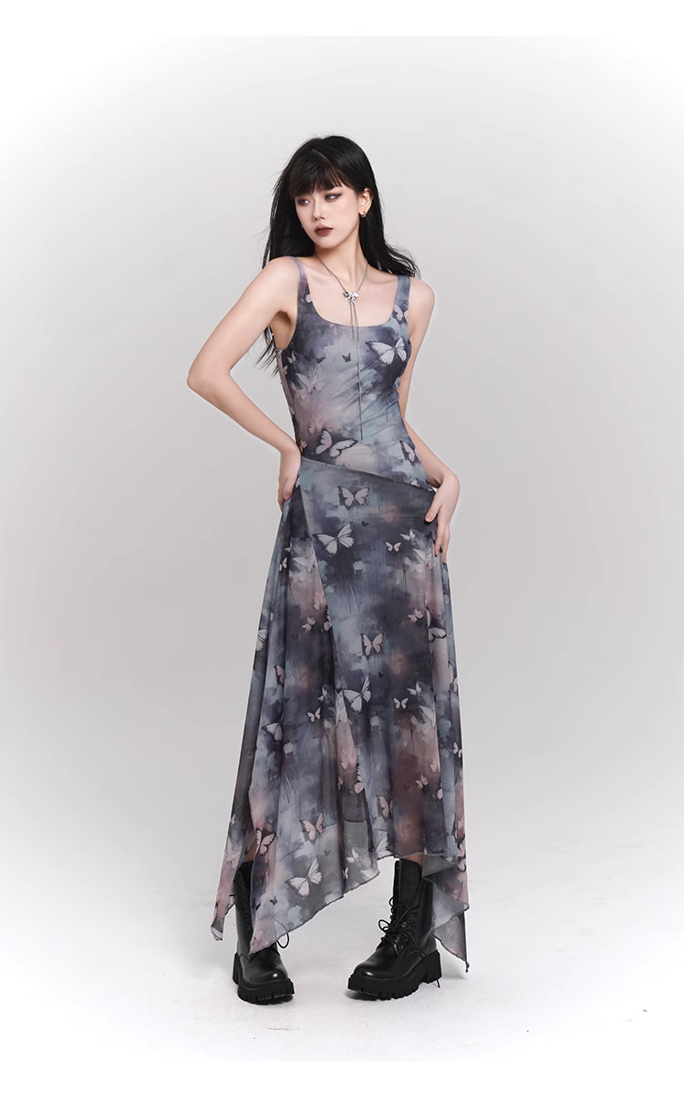 Simple Fashion Butterfly Pattern Design Sense Spaghetti Strap Dress TP2930