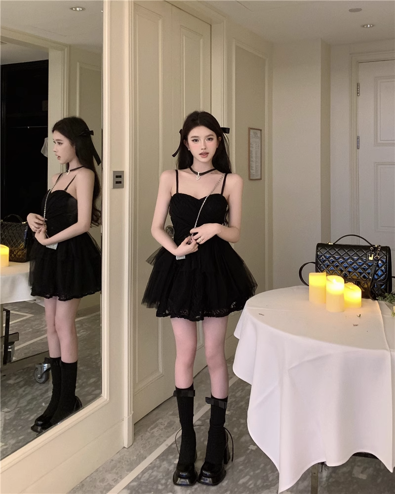 New Fashion Black Design A-line Sleeveless Spaghetti Strap Puffy Dress TP3292