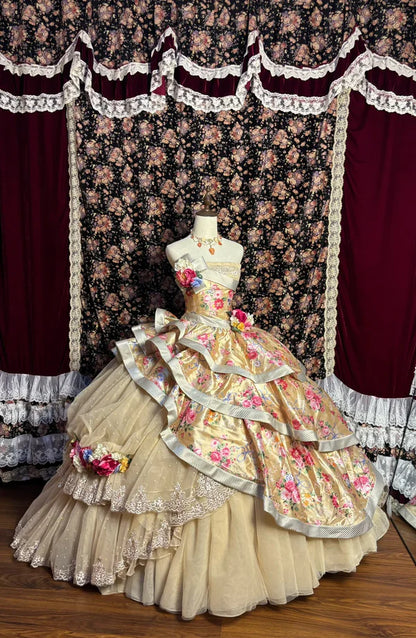 Retro Strapless Satin Sweet 16 Quinceanera A-Line Tiered Evening Dress Ball Gown TP4274