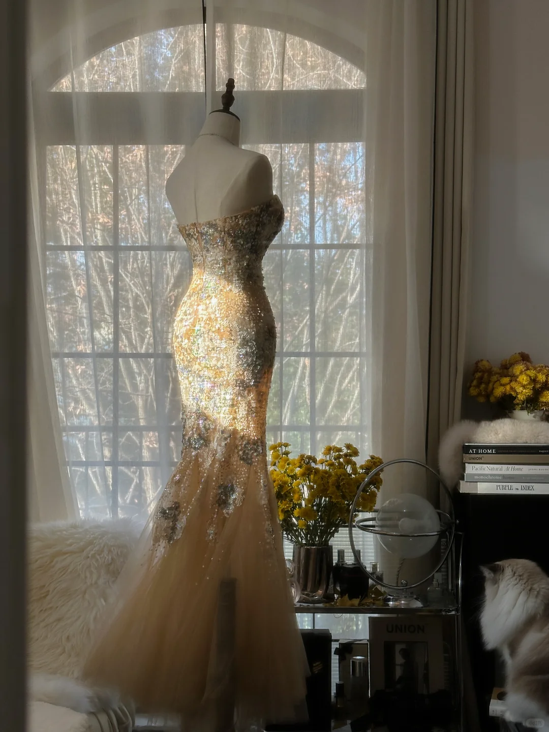 Elegant Mermaid Golden Sparkling Strapless Elegant Beaded Chiffon Evening Dress Prom Dress TP3975