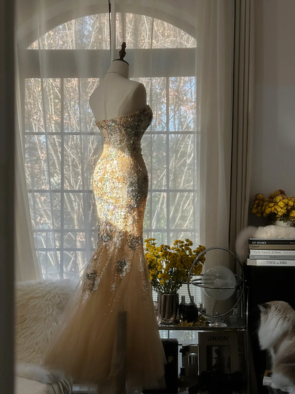Elegant Mermaid Golden Sparkling Strapless Elegant Beaded Chiffon Evening Dress Prom Dress TP3975