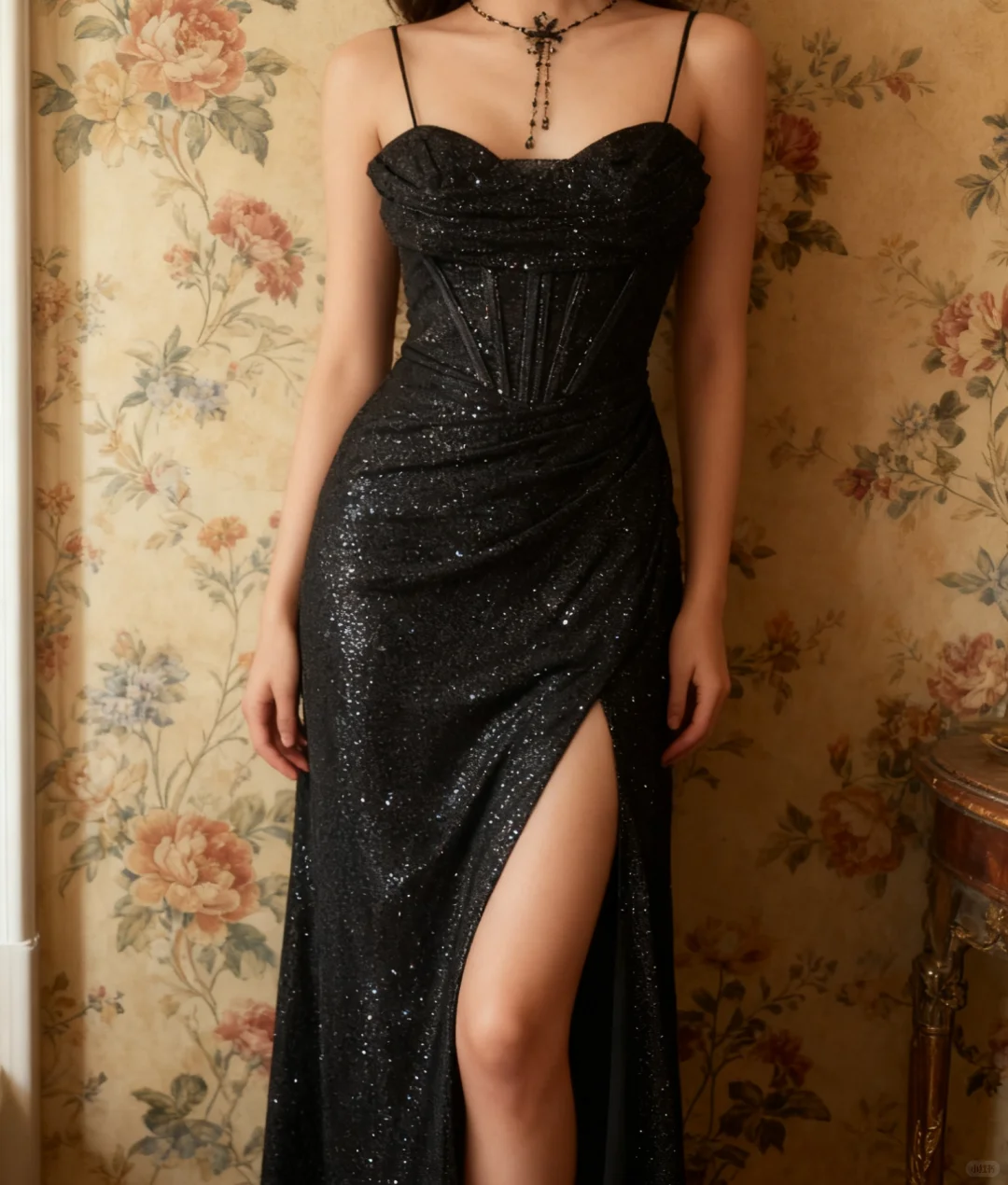 Elegant Black Glitter Corset Evening Gown Strapless Sweetheart High Slit Prom Dress TP5633