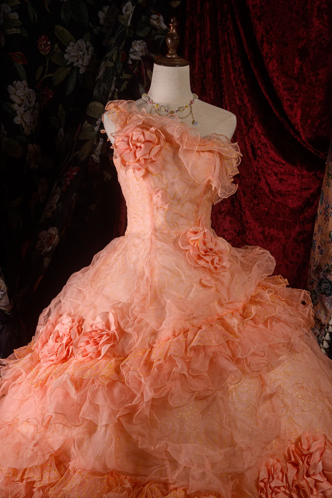 Vintage-Inspired Peach Pink Floral Ruffled Off-Shoulder Ball Gown Tiered Tulle Quinceañera Formal Dress TP5113