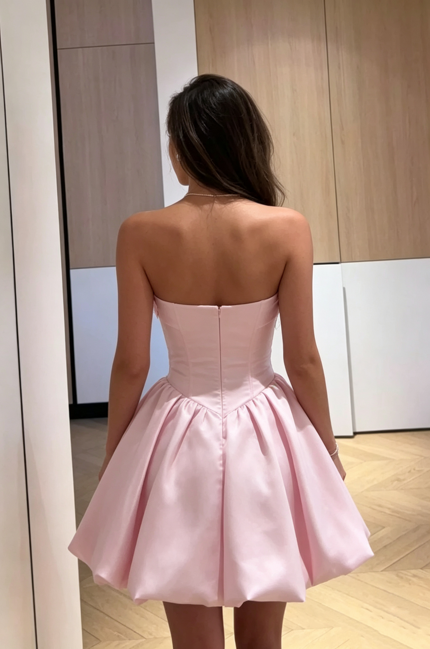 Cute Pink Strapless Draped Satin Corset Bubble A-Line Homecoming Dress TP6017