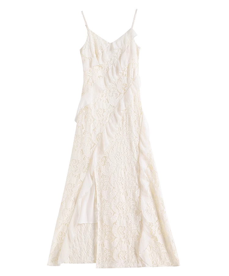 Vintage Fashion Beige Irregular Ruffled Hem Design Elegant A-line Spaghetti Strap Dress TP3354
