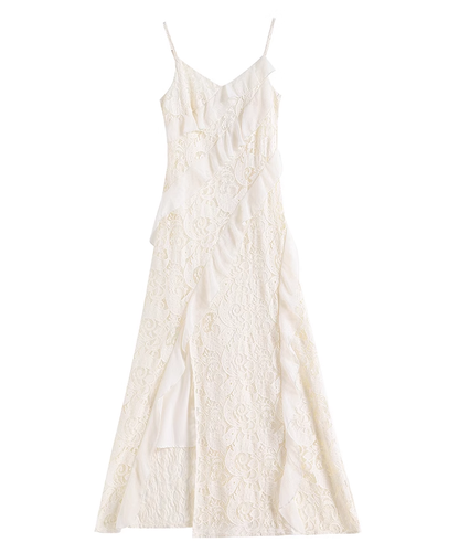 Vintage Fashion Beige Irregular Ruffled Hem Design Elegant A-line Spaghetti Strap Dress TP3354