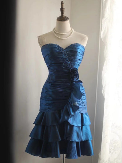 Vintage Royal Blue Beaded A-Line Satin Strapless Sweetheart Tiered Party Dresses Homecoming Dresses TP3806