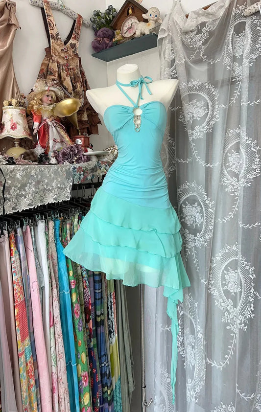 Retro Blue Sweetheart Ruffle Design A-line Chiffon Party Dress Homecoming Dress TP4093