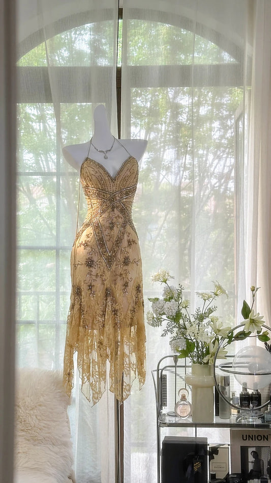 Vintage Sequin Appliques Spaghetti Strap A-line V-neck Irregular Hem Party Dresses Homecoming Dresses, TP3781