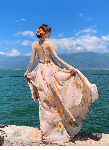 New Fashion Floral V-neck Design Elegant Beach Holiday A-line Sleeveless Halter Dress Summer DressTP4257