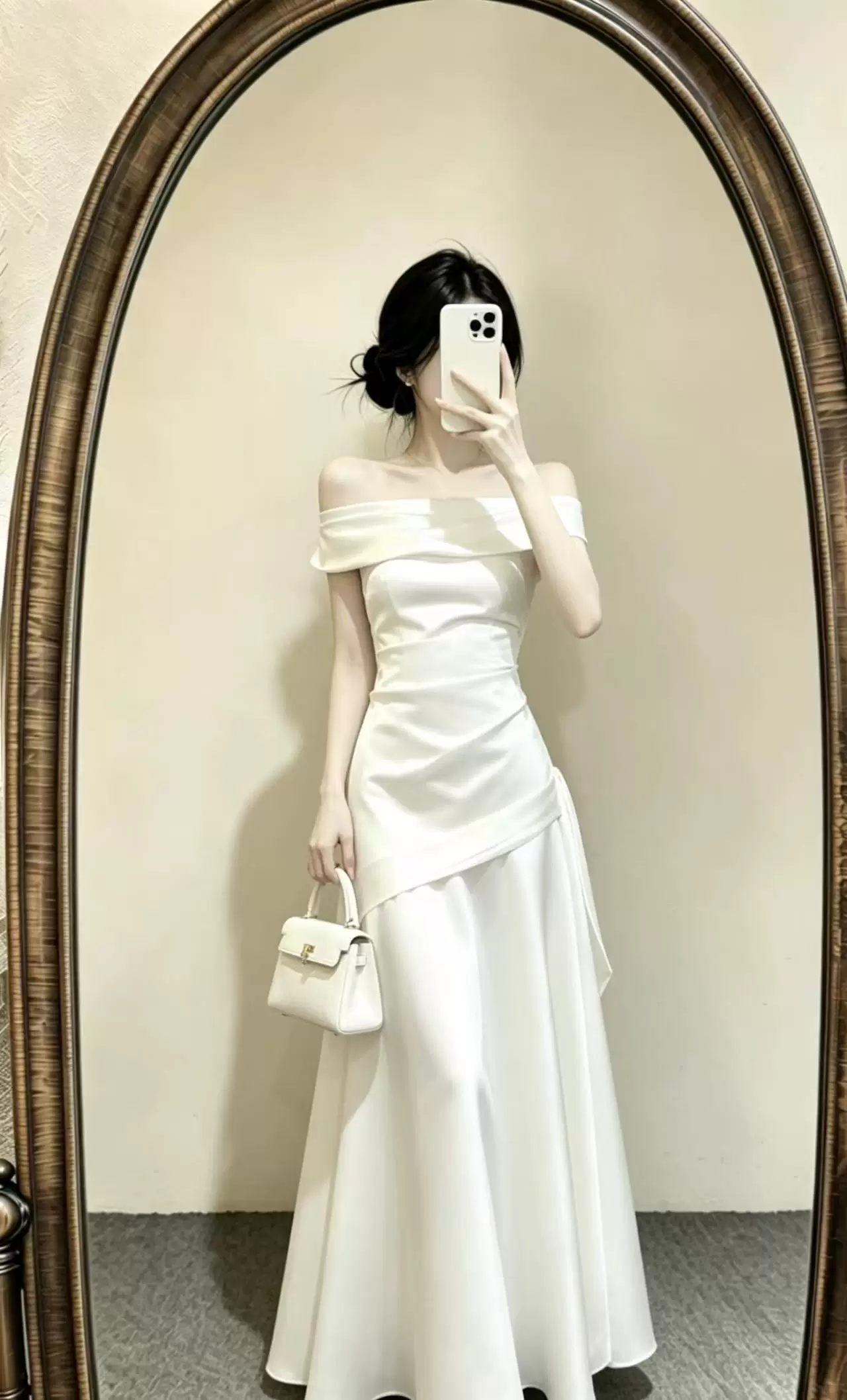 Vintage White Satin Off-the-Shoulder Evening Gown TP6078