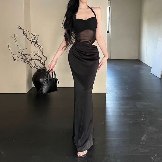 Women New Fashion Black Gauze Satin Halter Dress TP2869