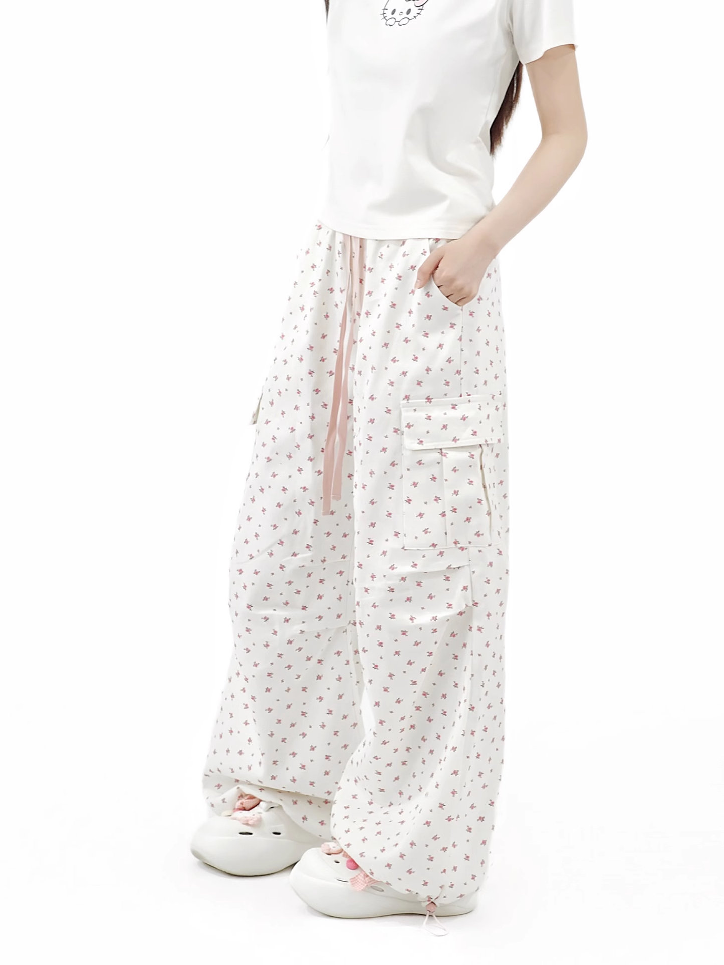 Simple Pink Floral Design Loose-fitting Elastic Waistband Long Casual Pants TP3217