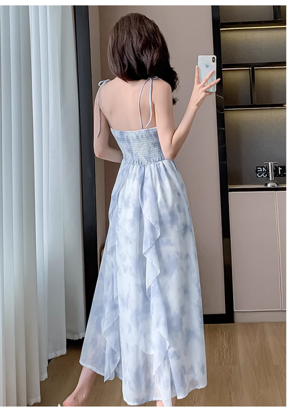 Vintage Blue Floral Design Beach Holiday A-line Long Spaghetti Strap Dress TP3329