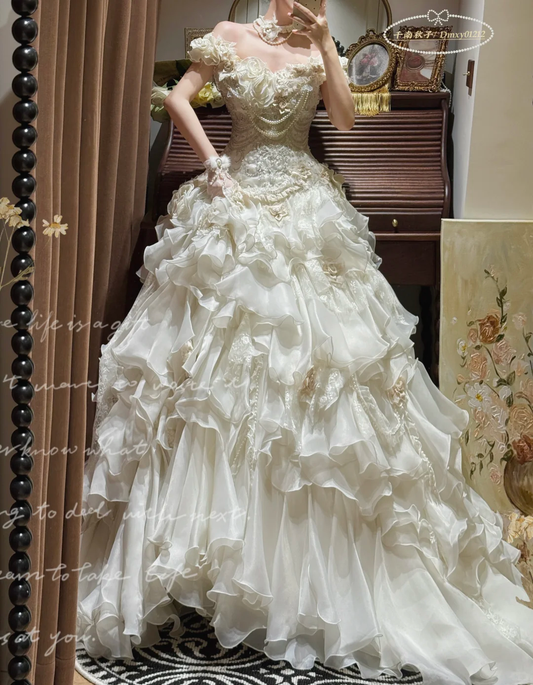 Luxurious Ivory Off-Shoulder 3D Floral Ruffled Pearl Accents Wedding Dress TP5333