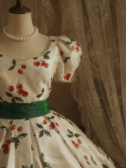 Cute Cherry Print Puff-Sleeve Green Back Bow Train Sweet 15 Quinceanera Ball Gown TP5509