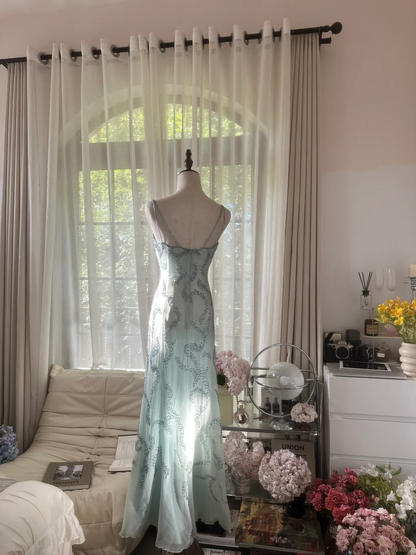 Retro Light Green Sparkling Beaded Spaghetti Strap Design Elegant Chiffon Evening Dress Prom Dress TP3992