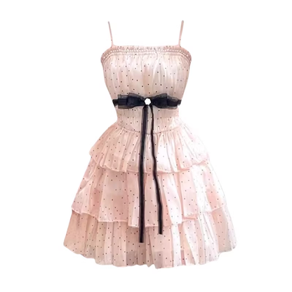 Simple Polka dot Pattern Design A-line Sleeveless Spaghetti Strap Tiered Dress TP3290