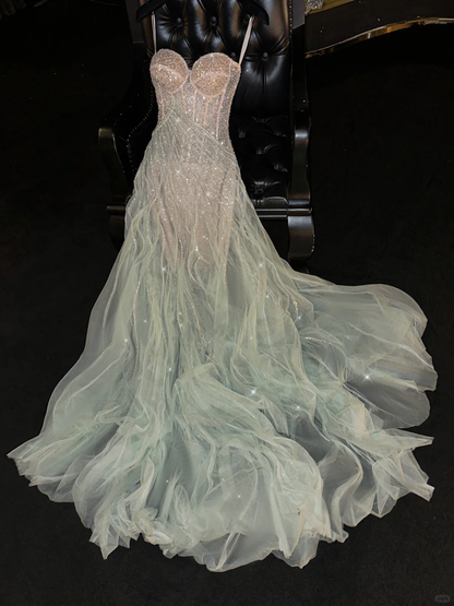 Glamorous Mint Green Ombre Beaded Tulle A-Line Ruffled Evening Gown TP5403