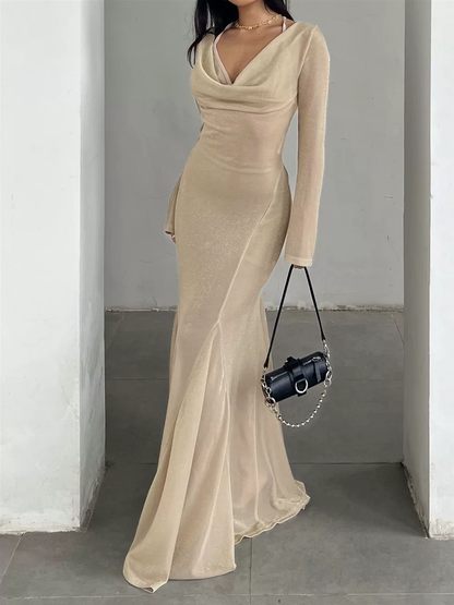 Vintage Champagne Cowl Neck Long Sleeve Maxi Prom Dress Sheer Mesh Mermaid Evening Gown TP5769