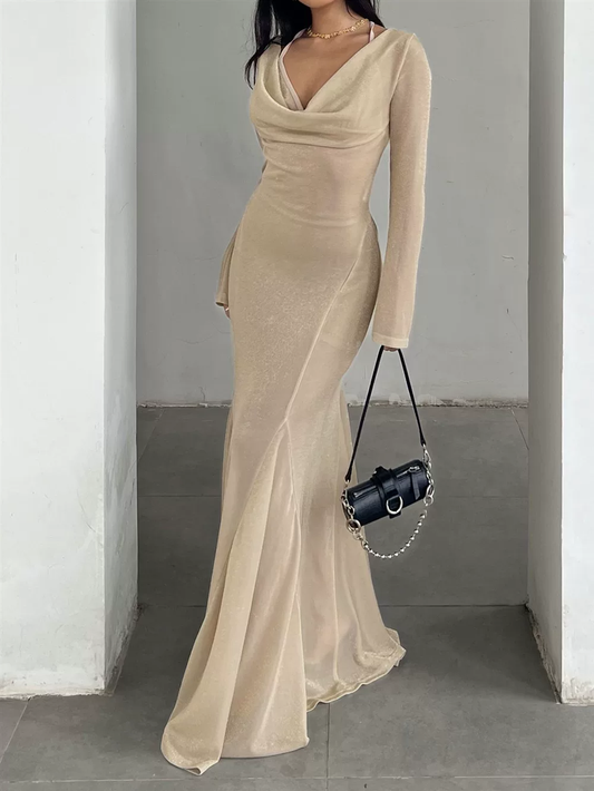 Vintage Champagne Cowl Neck Long Sleeve Maxi Prom Dress Sheer Mesh Mermaid Evening Gown TP5769