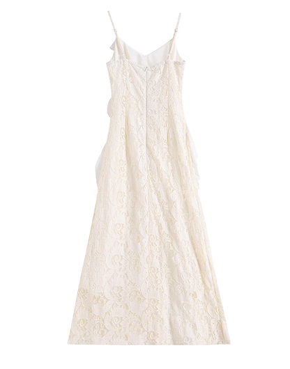 Vintage Fashion Beige Irregular Ruffled Hem Design Elegant A-line Spaghetti Strap Dress TP3354