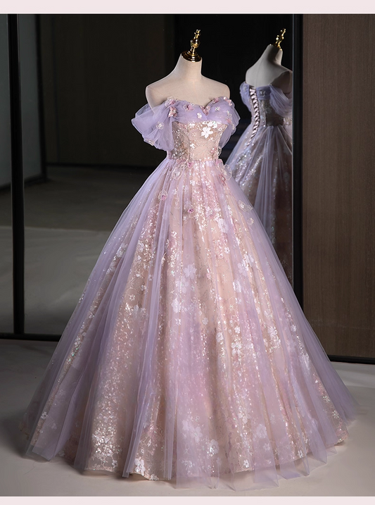 Elegant Lilac Applique Sweet 16 Sweetheart off-the shoulder A-Line Tulle Quinceanera Ball Gown TP5201