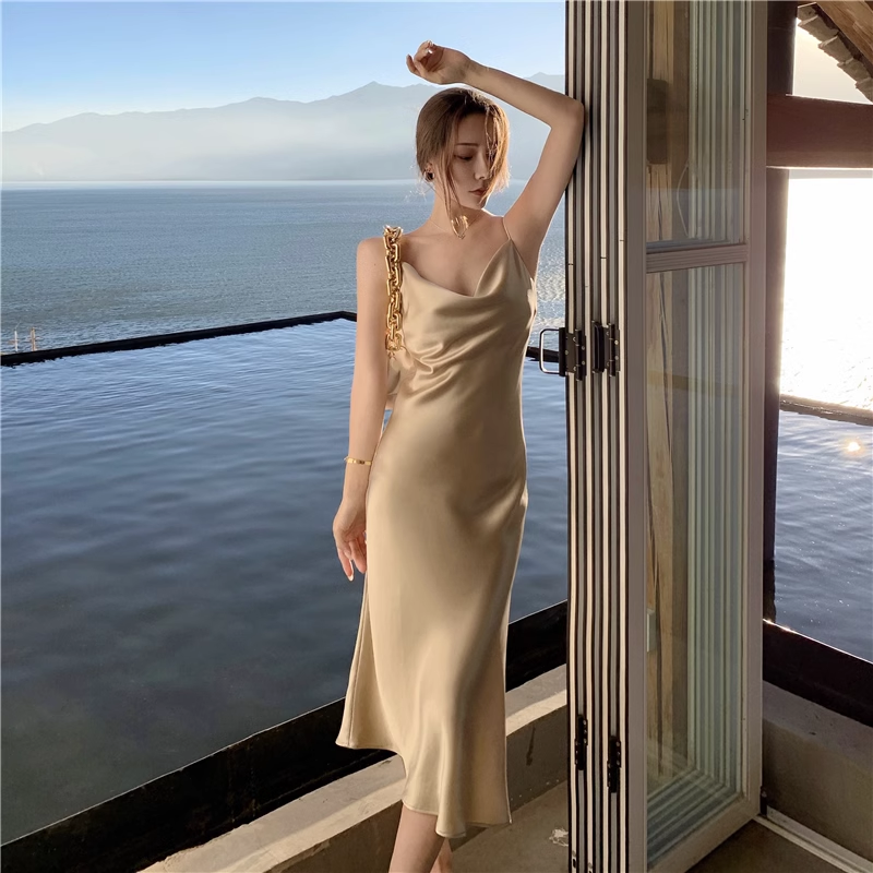 New Simple Design A-line Satin Sleeveless Spaghetti Strap Dress TP3277