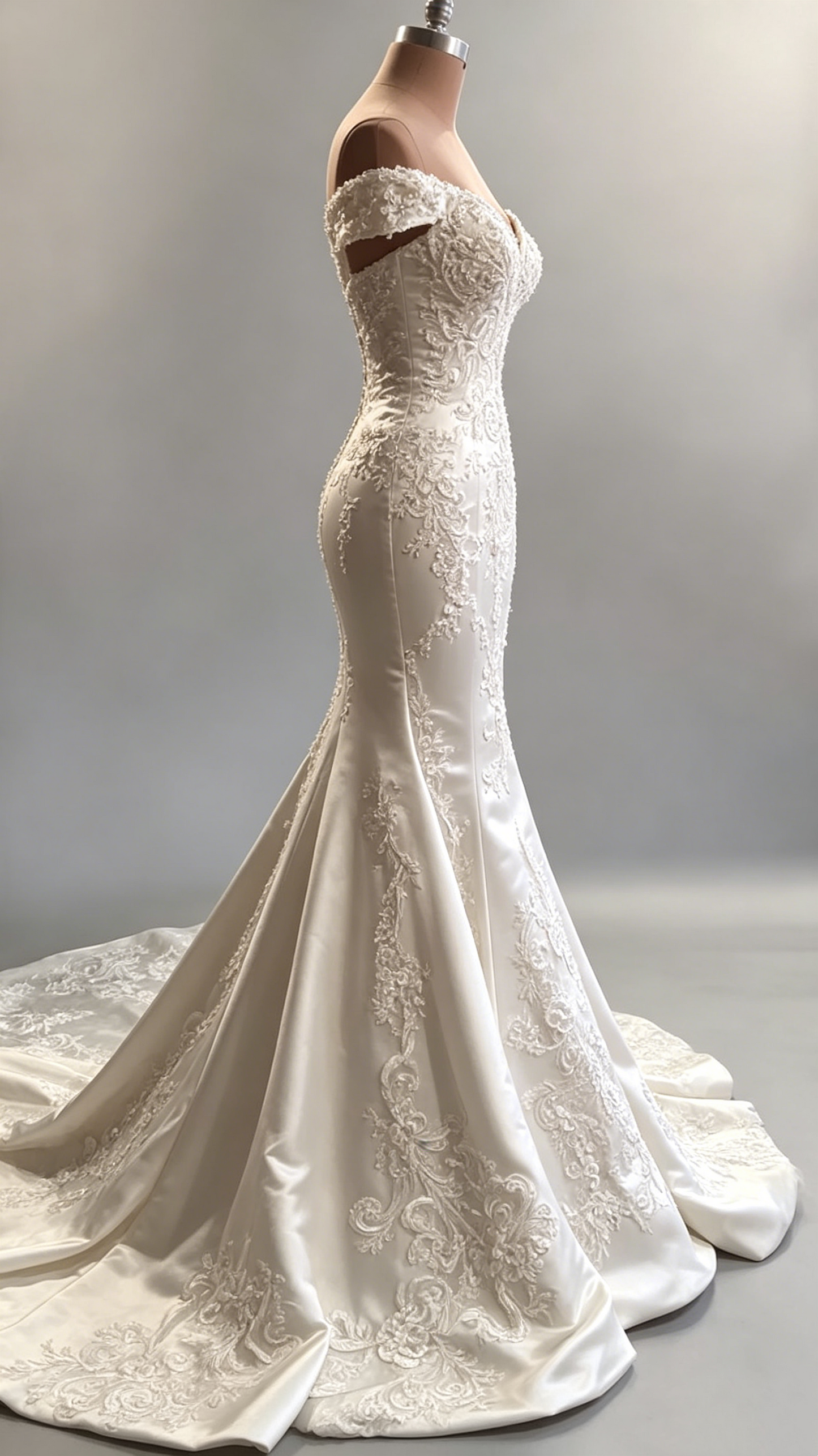 Classic Ivory Off-the-Shoulder Beaded Satin Applique Mermaid Wedding Dress TP5919