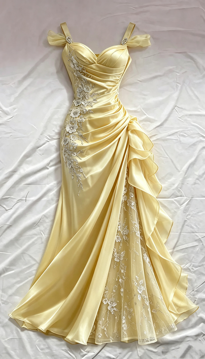Vintage Dusty Blue Satin Mermaid Sweetheart Spaghetti Strap 3D Floral Lace Applique High Slit Ruffle Prom Dress TP5892