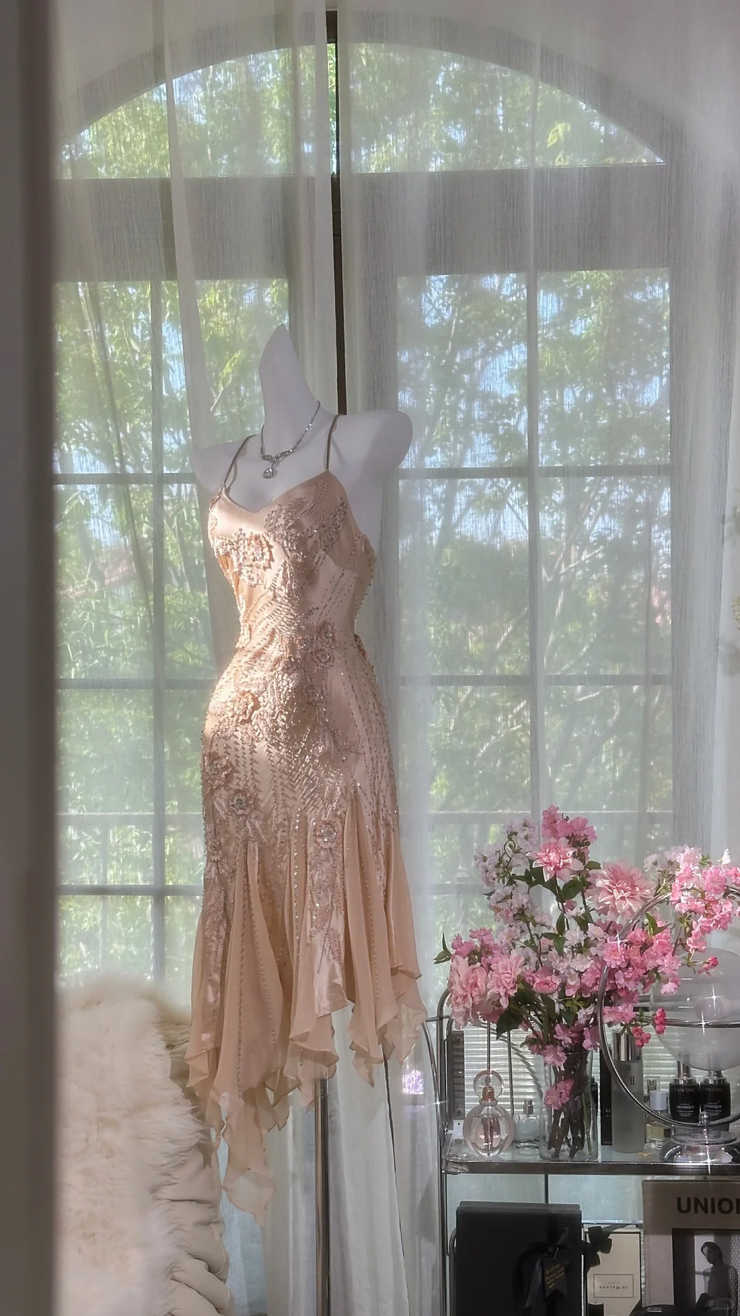 Vintage Champagne Sparkling Beaded Spaghetti Strap Romantic Chiffon Evening Dress Prom Dresses TP3983