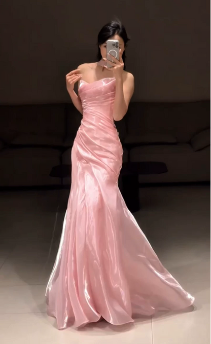 Elegant Pink Satin Strapless Mermaid Ruched Mermaid Prom Dress TP6100
