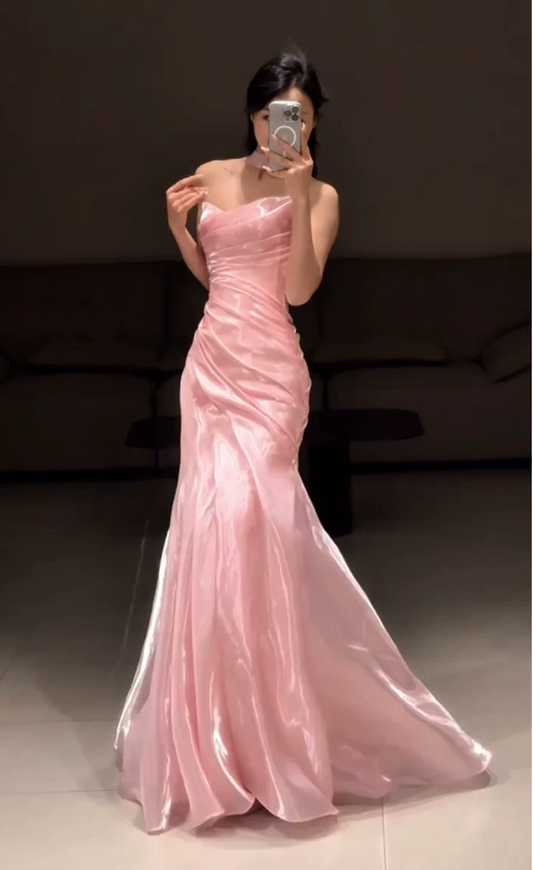 Elegant Pink Satin Strapless Mermaid Ruched Mermaid Prom Dress TP6100