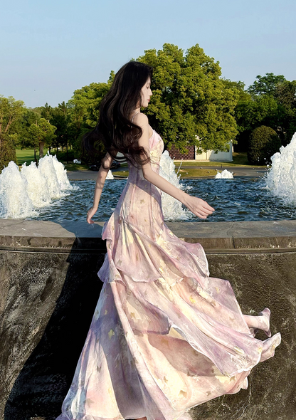 Vintage Lilac Floral Mermaid Spaghetti Strap Evening Dress Long Prom Dress TP4996