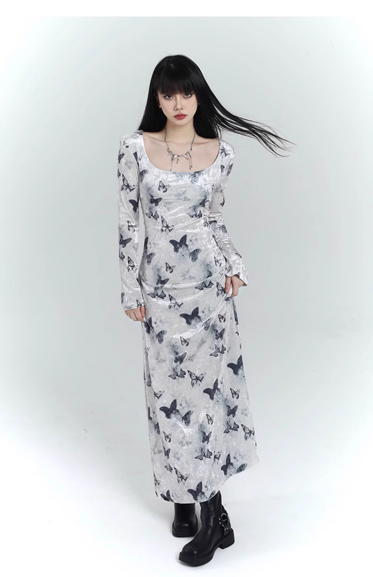 New Fashion Butterfly Pattern Design Sense White Long-sleeved Dress TP2929