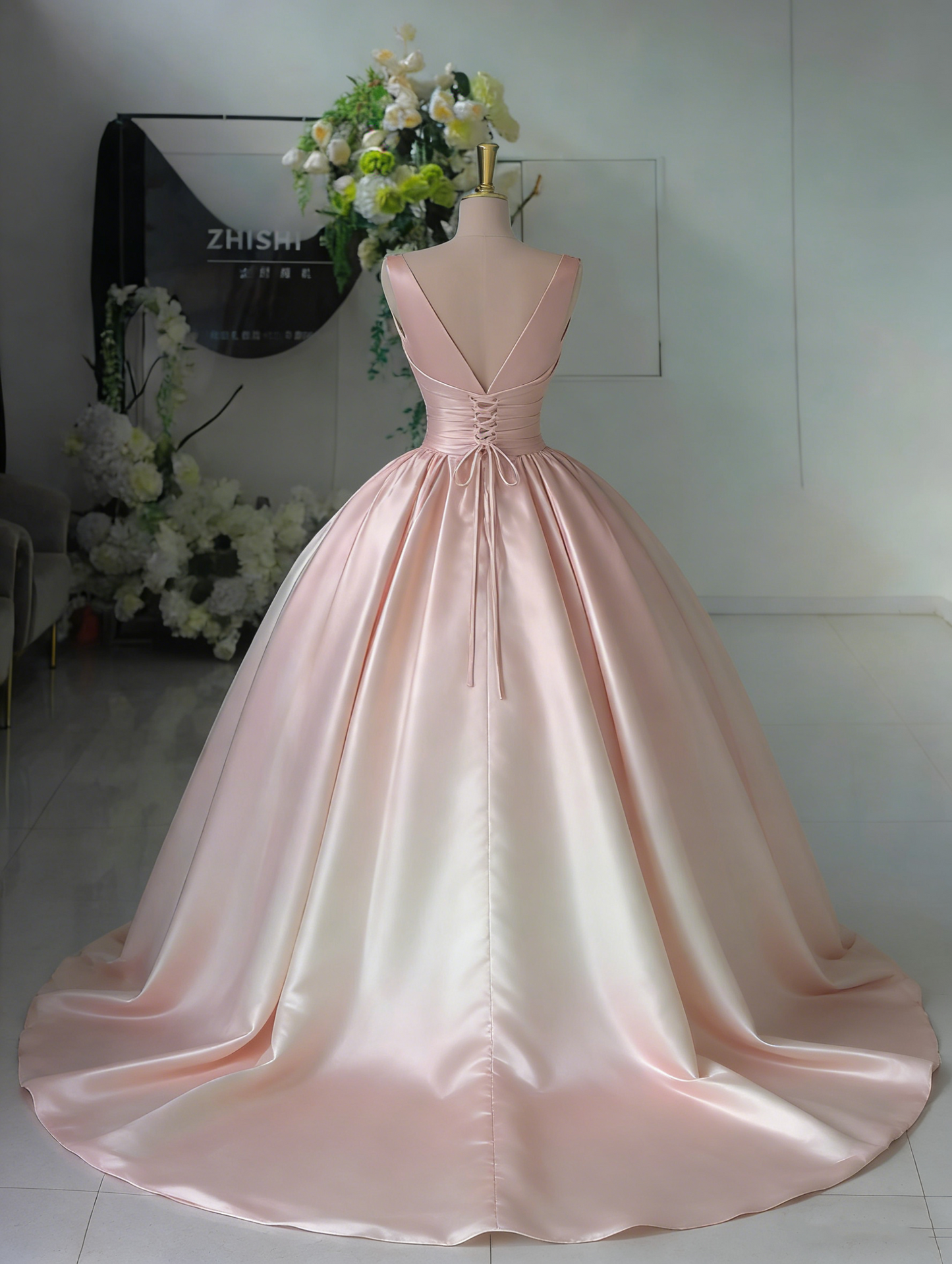 Glamorous Gradient Pink V-Neck Satin Bow-tie A-Line Prom Dress Evening Dress TP2704