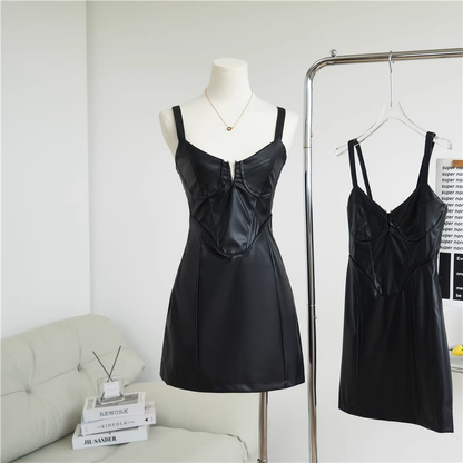 Simple Black Split Dress Design A-line Sleeveless Spaghetti Strap Leather Dress TP3296