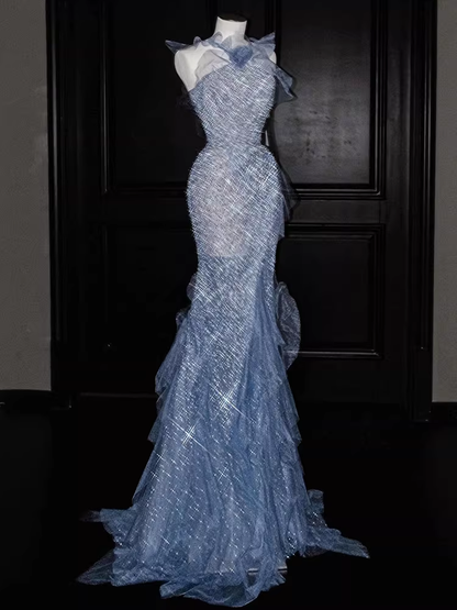Sparkling Light Blue Sequin Tulle Evening Gown Mermaid Ruffles Prom Dress TP5666