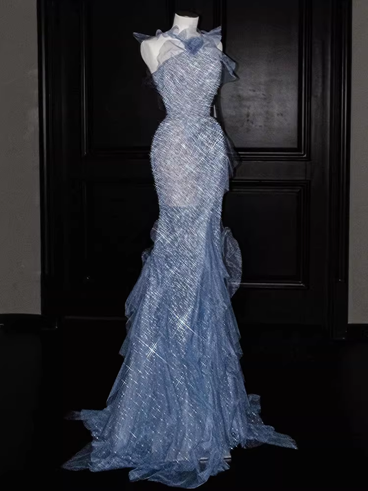 Sparkling Light Blue Sequin Tulle Evening Gown Mermaid Ruffles Prom Dress TP5666