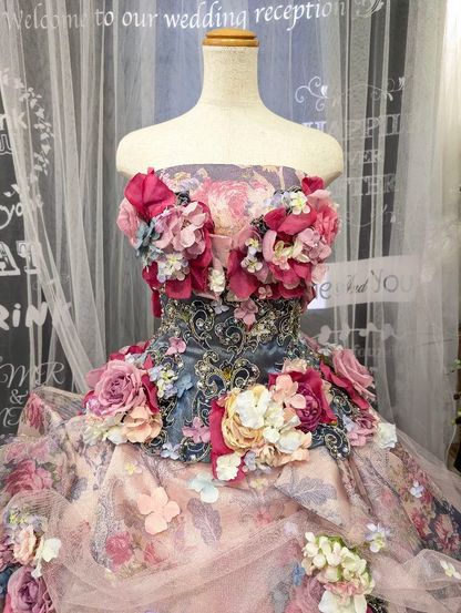 Glamorous Floral Strapless 3D Flower Tulle Sweet 15 Quinceanera Ball Gown TP5497