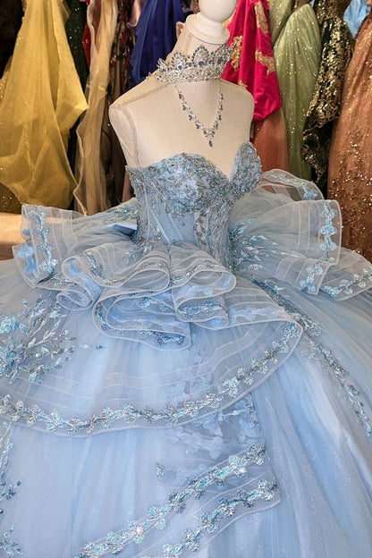 Glamorous Sky Blue Glitter Tulle Strapless Beaded Embroidery Sweet 15 Quinceanera Ball Gown TP5447