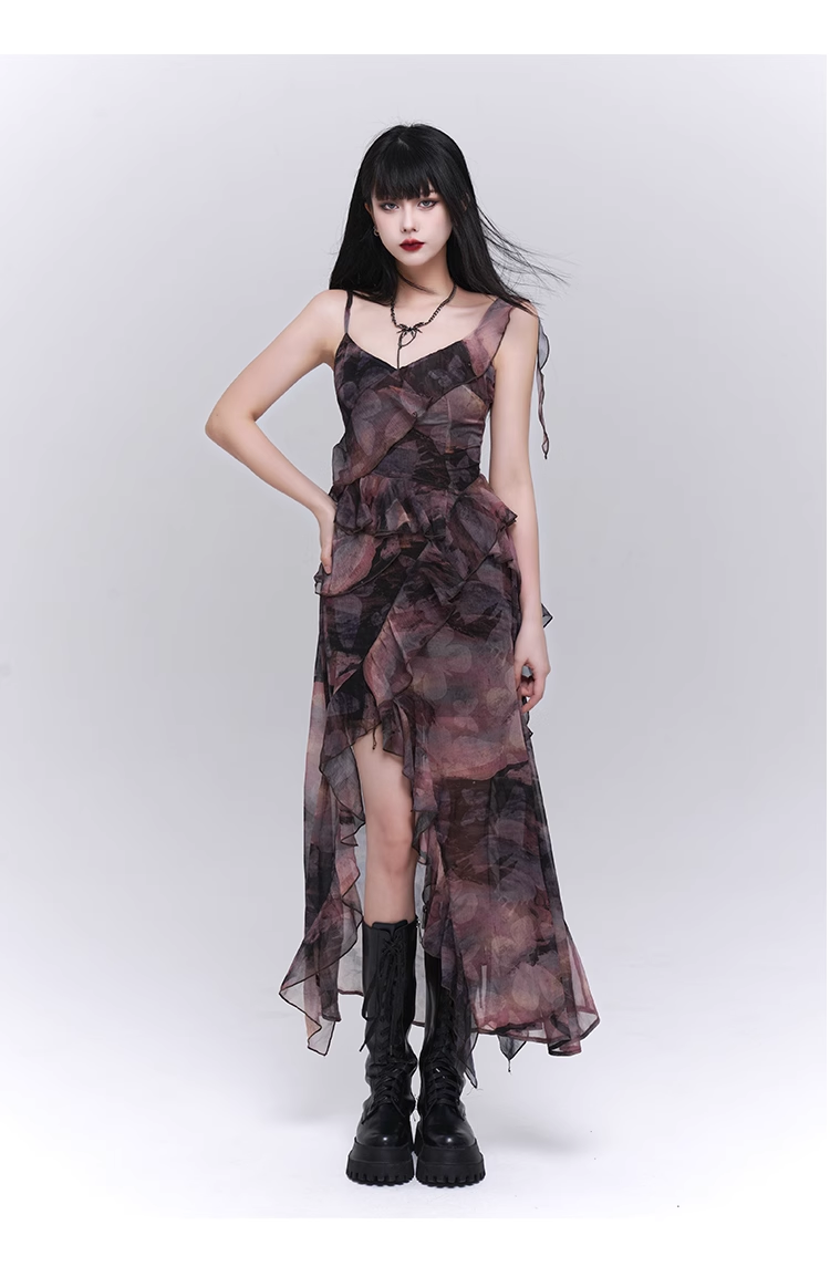 Fashion Vintage Butterfly irregular Dress Brim Design Spaghetti Strap Dress TP2912