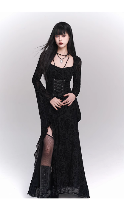 New Gothic Style Fashion Bell Sleeve Design Sense Long-sleeved Split Dress TP2931